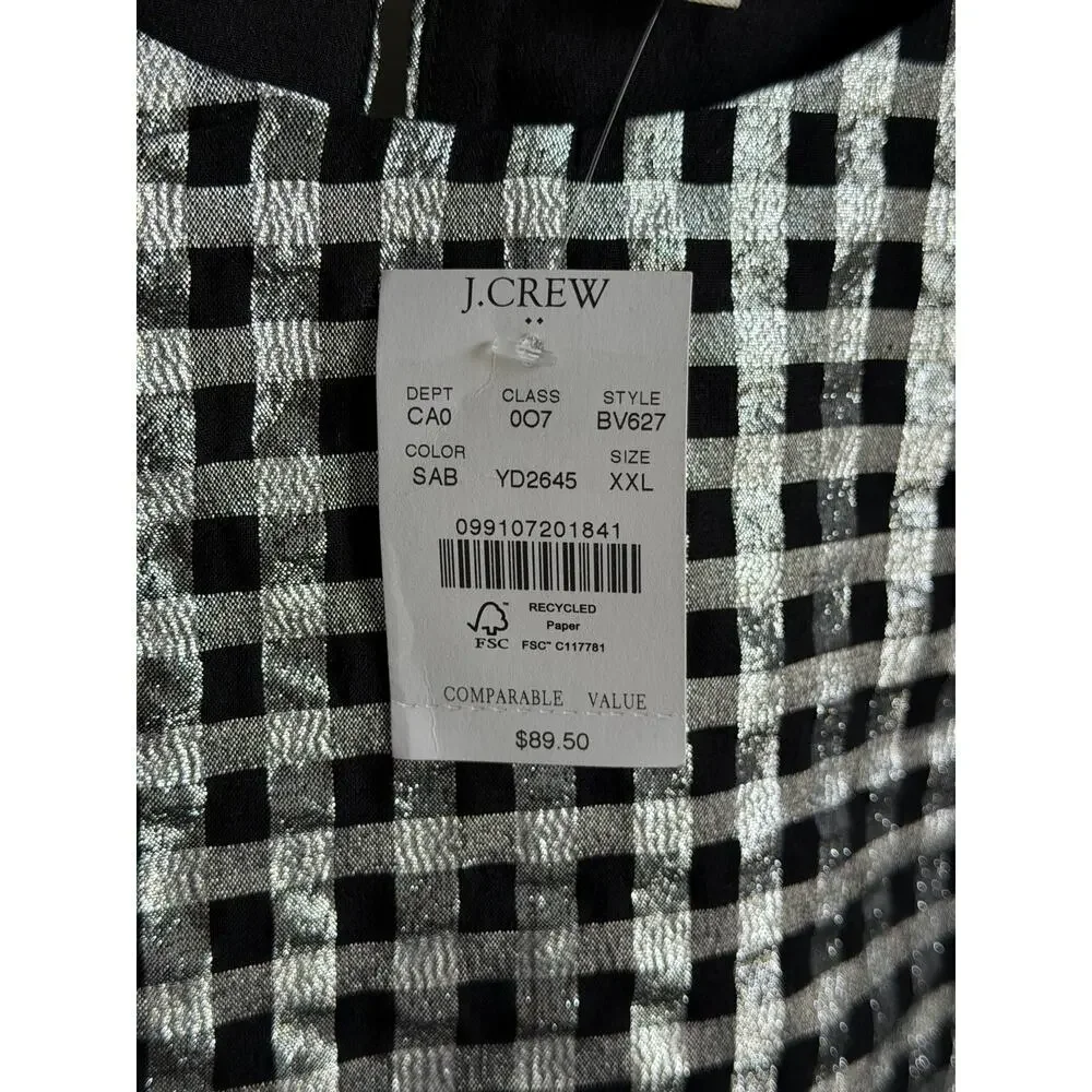 J. Crew Metallic Gingham Puff-Sleeve Blouse Top Black White Womens Size XXL NWT